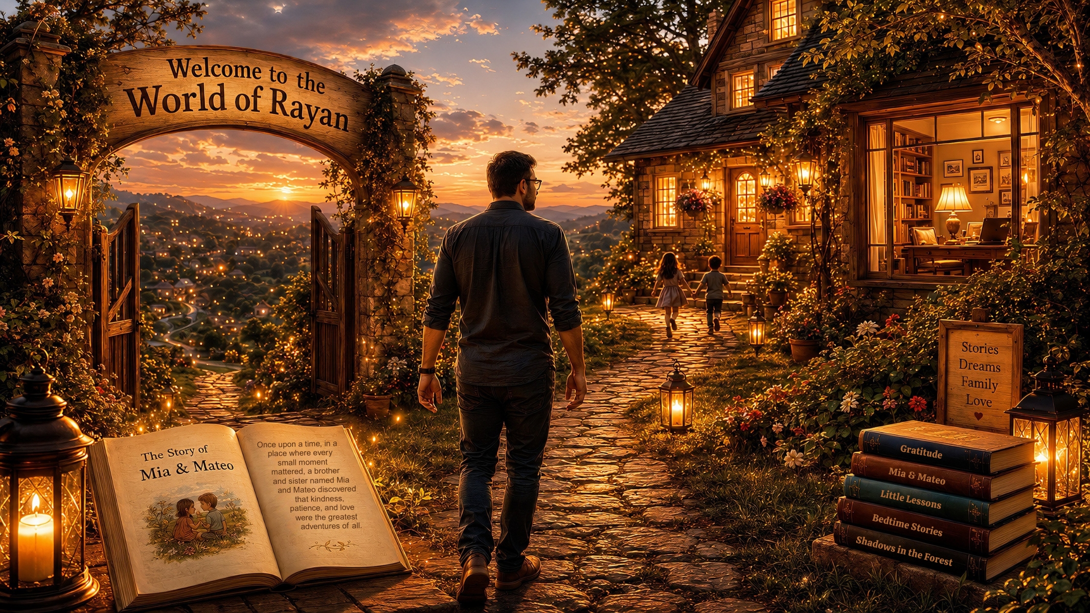 Cinematic warm family home and writing atmosphere from the World of Rayan by author Rayan Saadeh